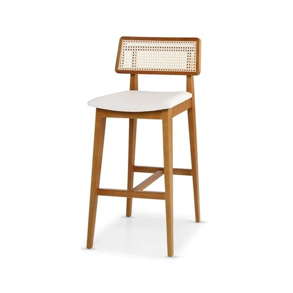 Banqueta Libano com Encosto em Tela - Madeira na cor Imbuia - tecido Linho Off-White