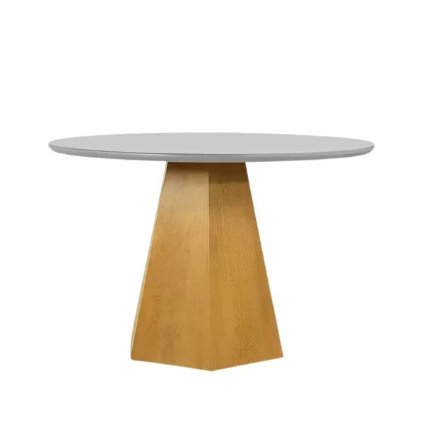 Mesa Veneza com Base Hexagonal na cor Imbuia Tampo Redondo Com Vidro 4mm Off White