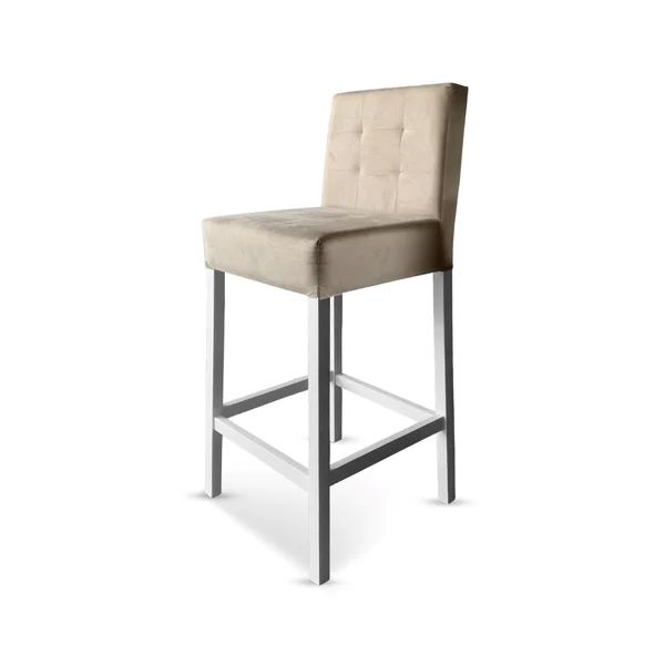 Banqueta Gana Estofada em Madeira na cor Branca -  Tecido Veludo Bege