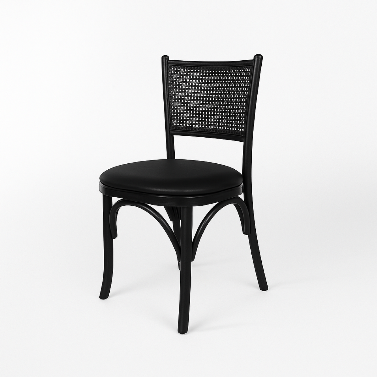 Cadeira Malibu De Madeira Maciça Nozes Com Tela Assento Estofado Tecido Courino Preto