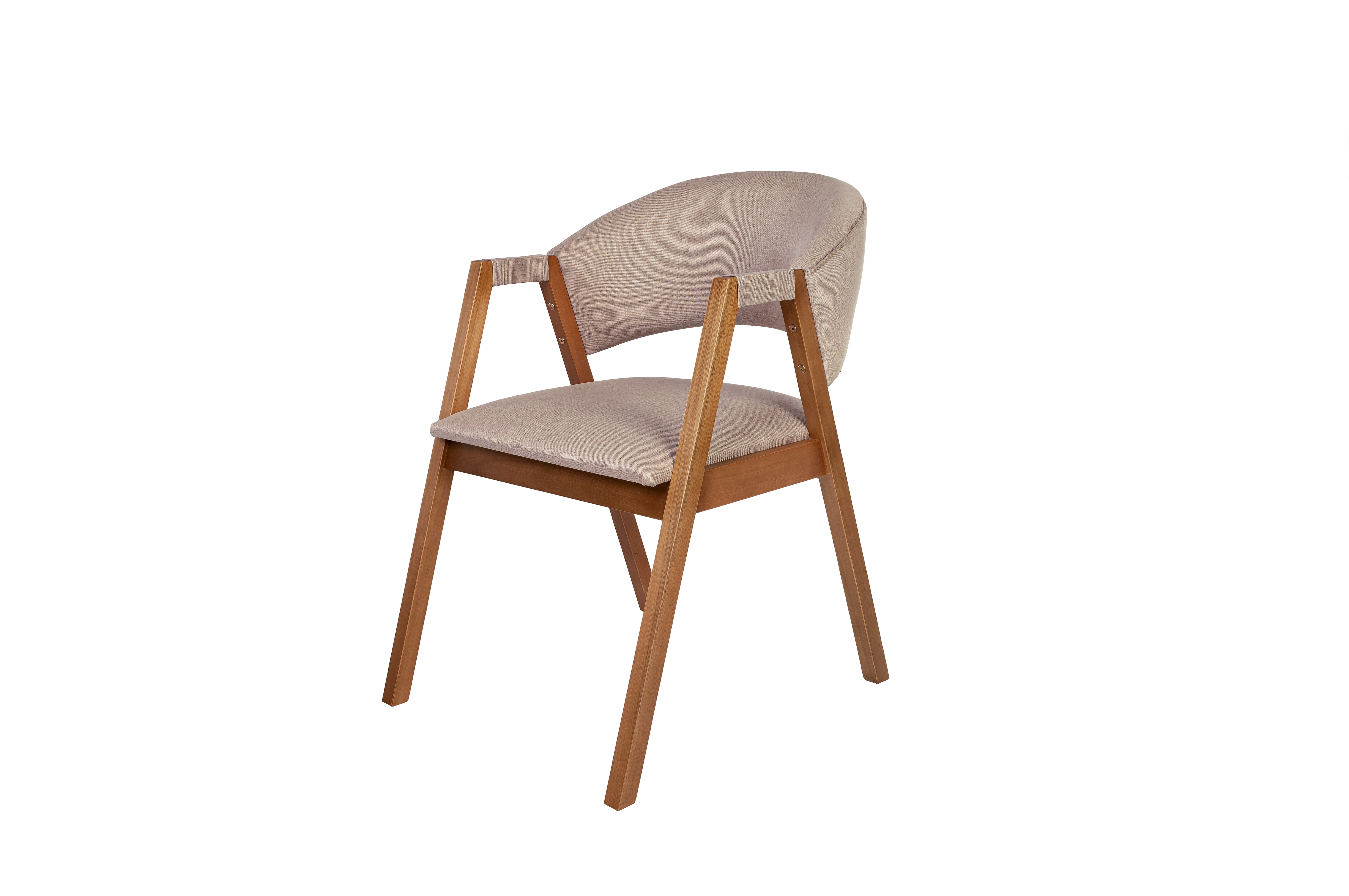 Cadeira Hibisco de Madeira Maciça Encosto Anatômico com Apoio no Braço madeira na cor amendoa tecido na cor  Linho Areia