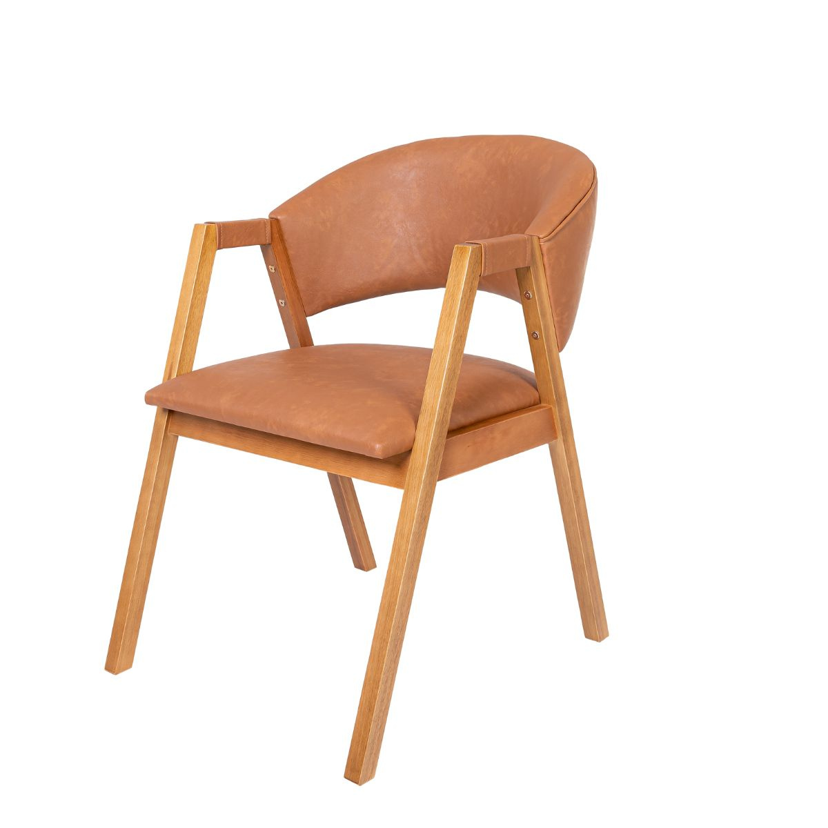 Cadeira Hibisco de Madeira Maciça Encosto Anatômico com Apoio no Braço madeira na cor amendoa tecido na cor  Courino Caramelo