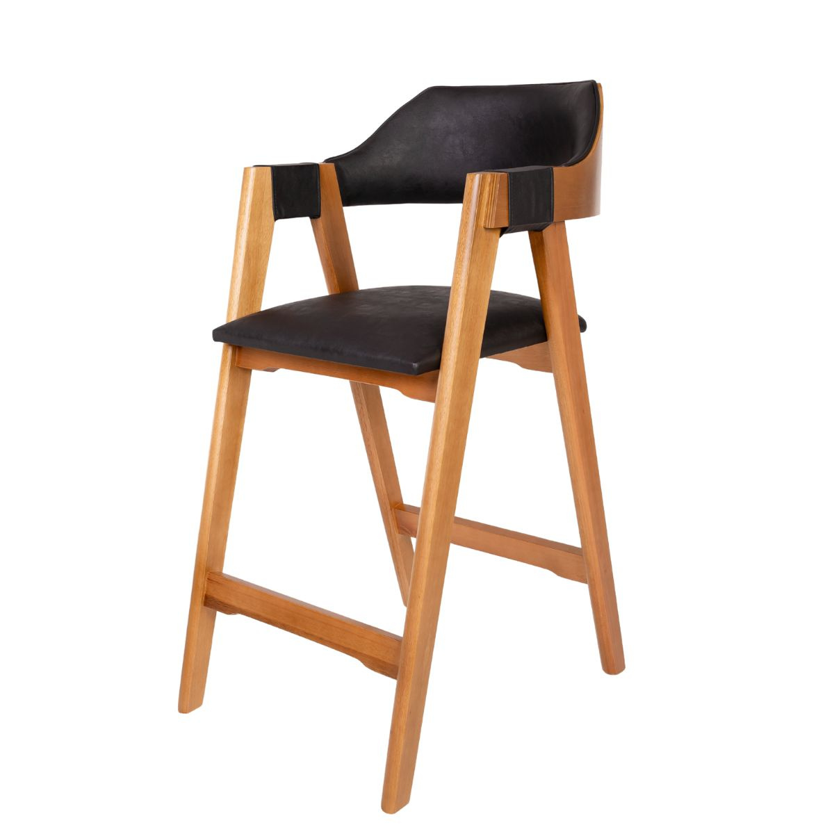 Banqueta Dália Madeira Maciça  Estofada com Apoio de Braço madeira na cor  Amendoa Tecido Courino Preto