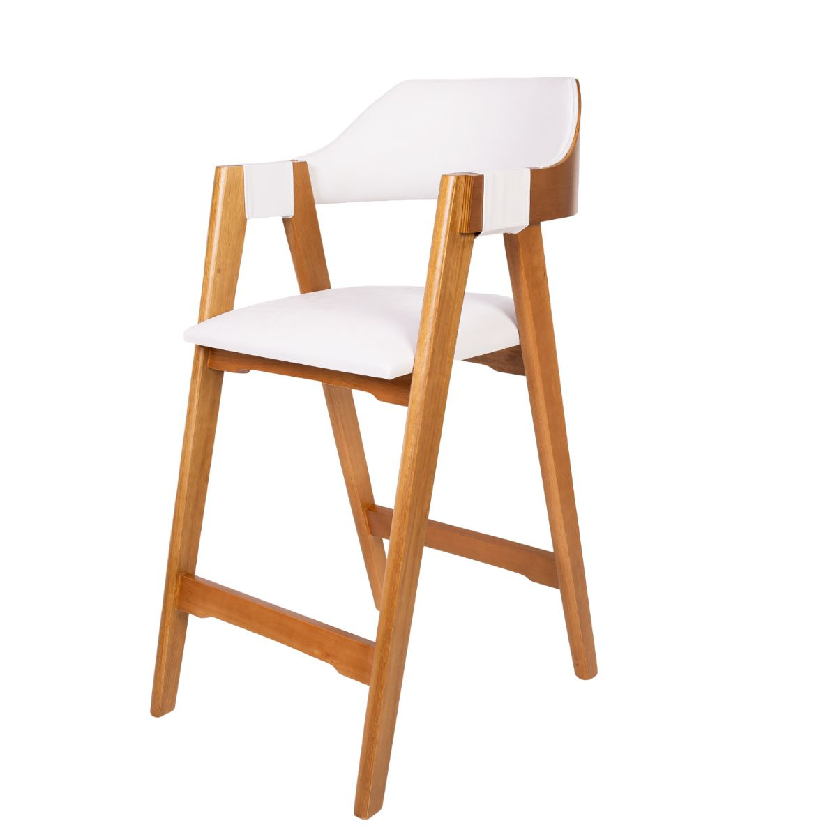 Banqueta Dália Madeira Maciça  Estofada com Apoio de Braço madeira na cor  Amendoa Tecido Courino Branco