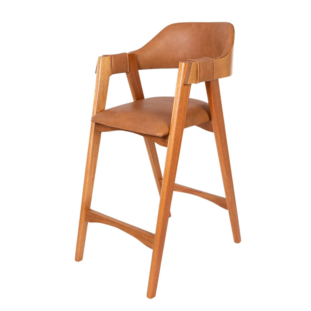 Banqueta Dália Madeira Maciça  Estofada com Apoio de Braço madeira na cor Imbuia e tecido Courino Caramelo