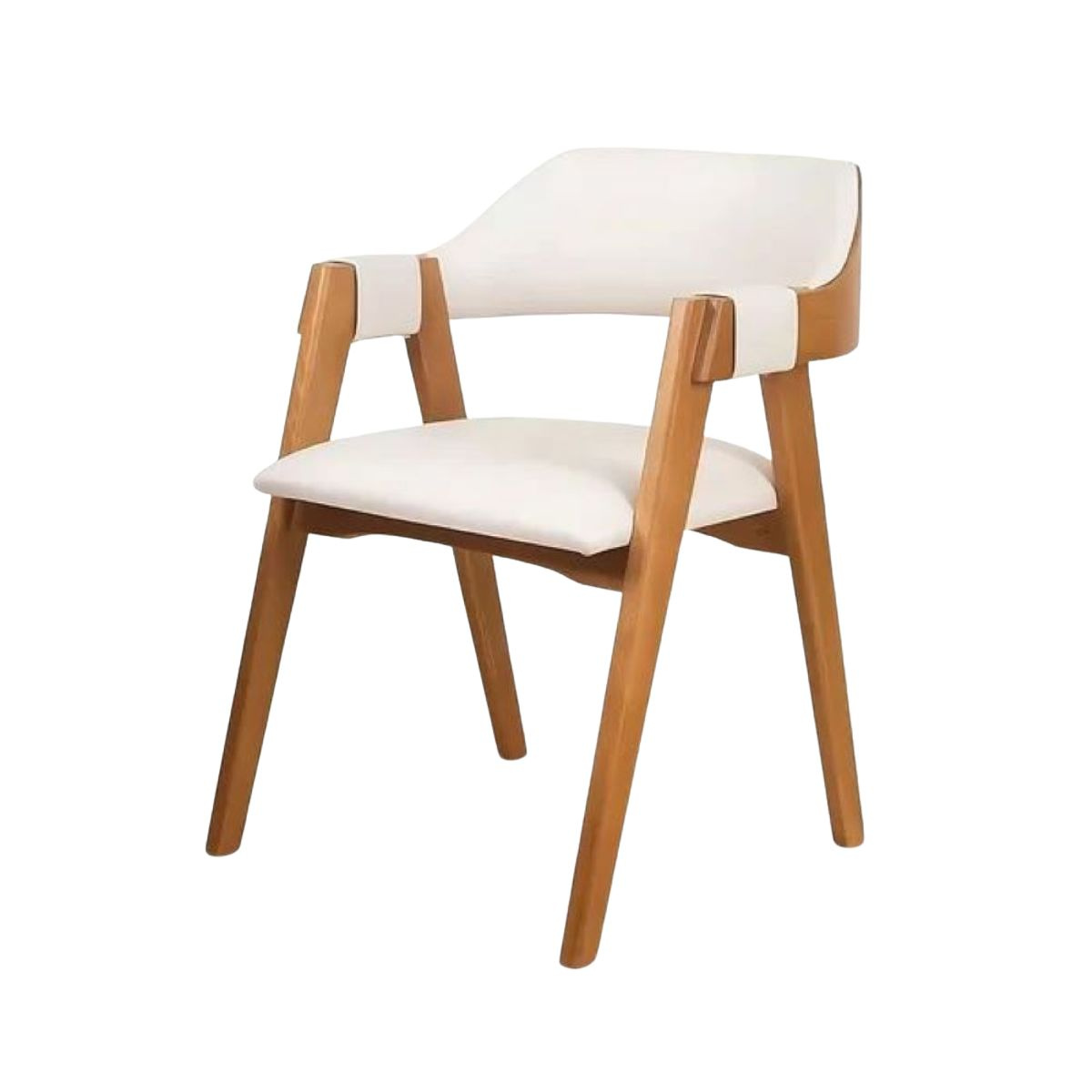 Cadeira Dália de Madeira Maciça Encosto Anatômico com Apoio no Braço na cor amendoa tecido na cor Courino Branco