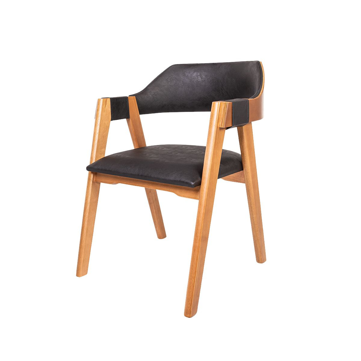 Cadeira Dália de Madeira Maciça Encosto Anatômico com Apoio no Braço na cor amendoa tecido na cor Courino Preto