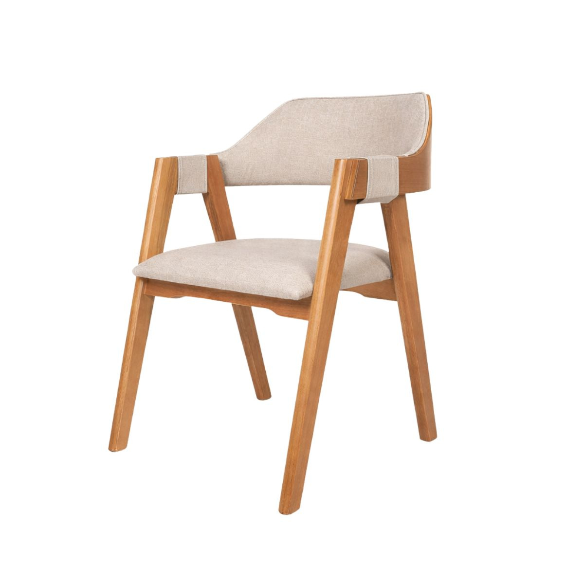Cadeira Dália de Madeira Maciça Encosto Anatômico com Apoio no Braço na cor amendoa tecido na cor Linho Areia