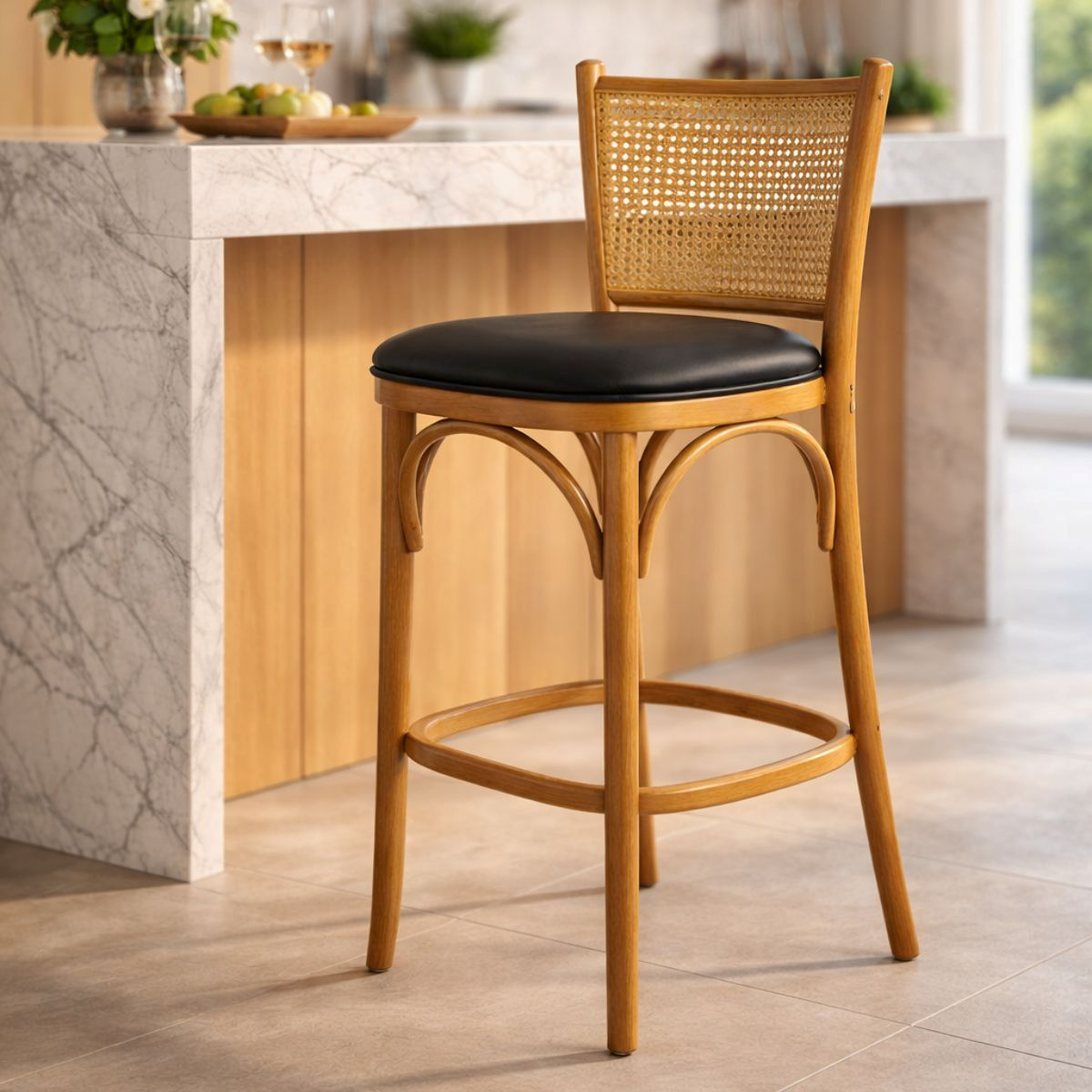 Banqueta Jasmim de Madeira Maciça com Encosto em Tela e Assento Estofado Courino preto, madeira na cor Imbuia