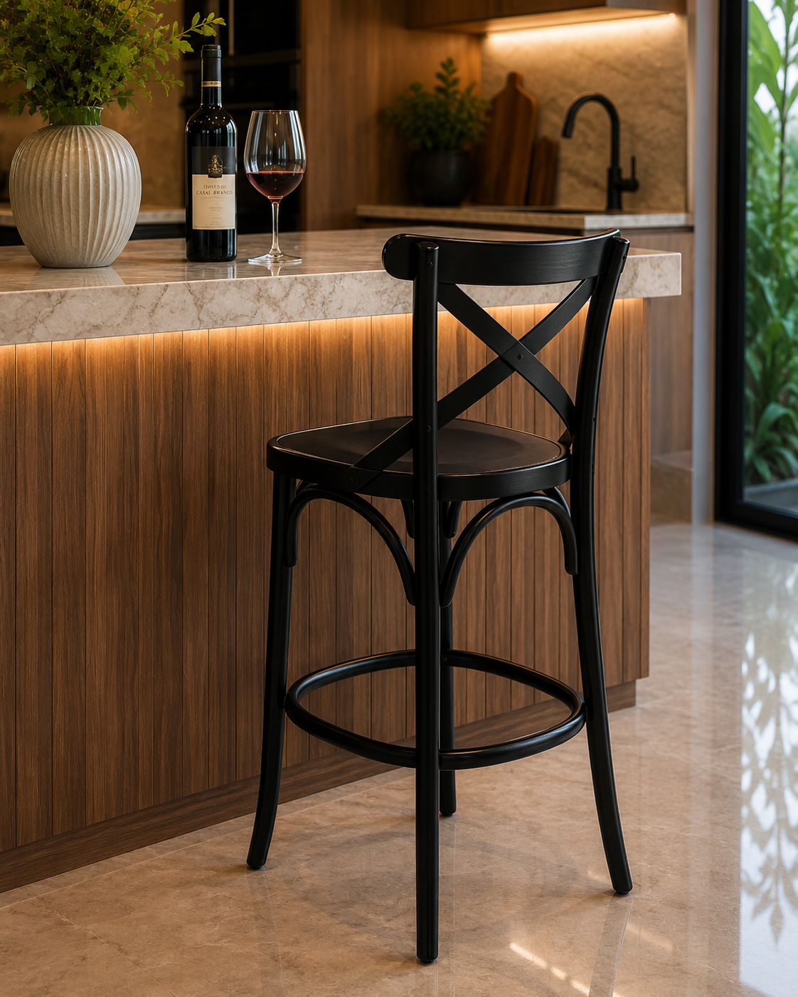 Banqueta  Madeira Maciça X na Cor Preta – Alta - Conforto e Estilo para sua Decoração - Mobiliario Rústico