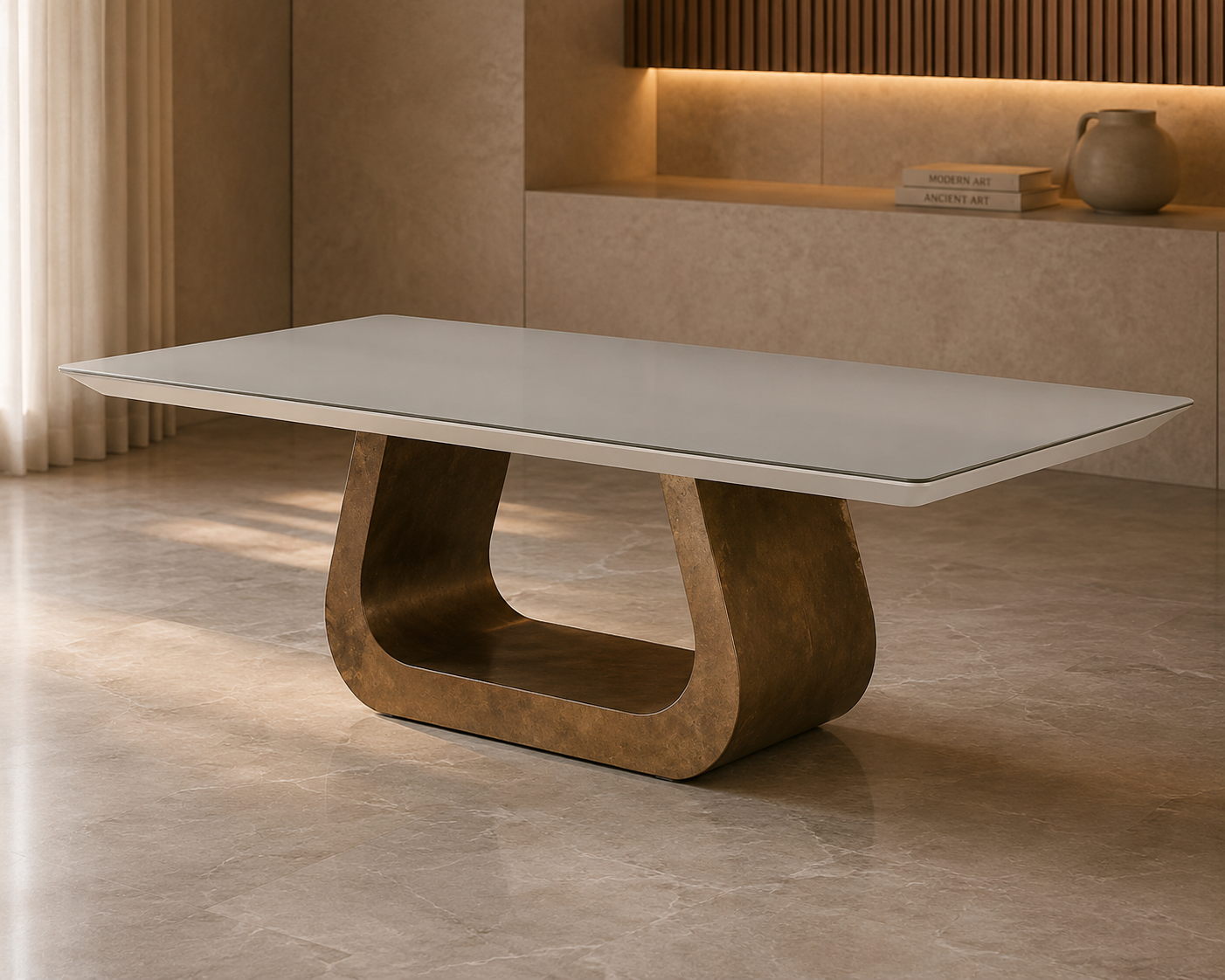 Mesa Verona Base Lina na cor Imbuia Tampo Retangular Com Vidro 4mm Off White 