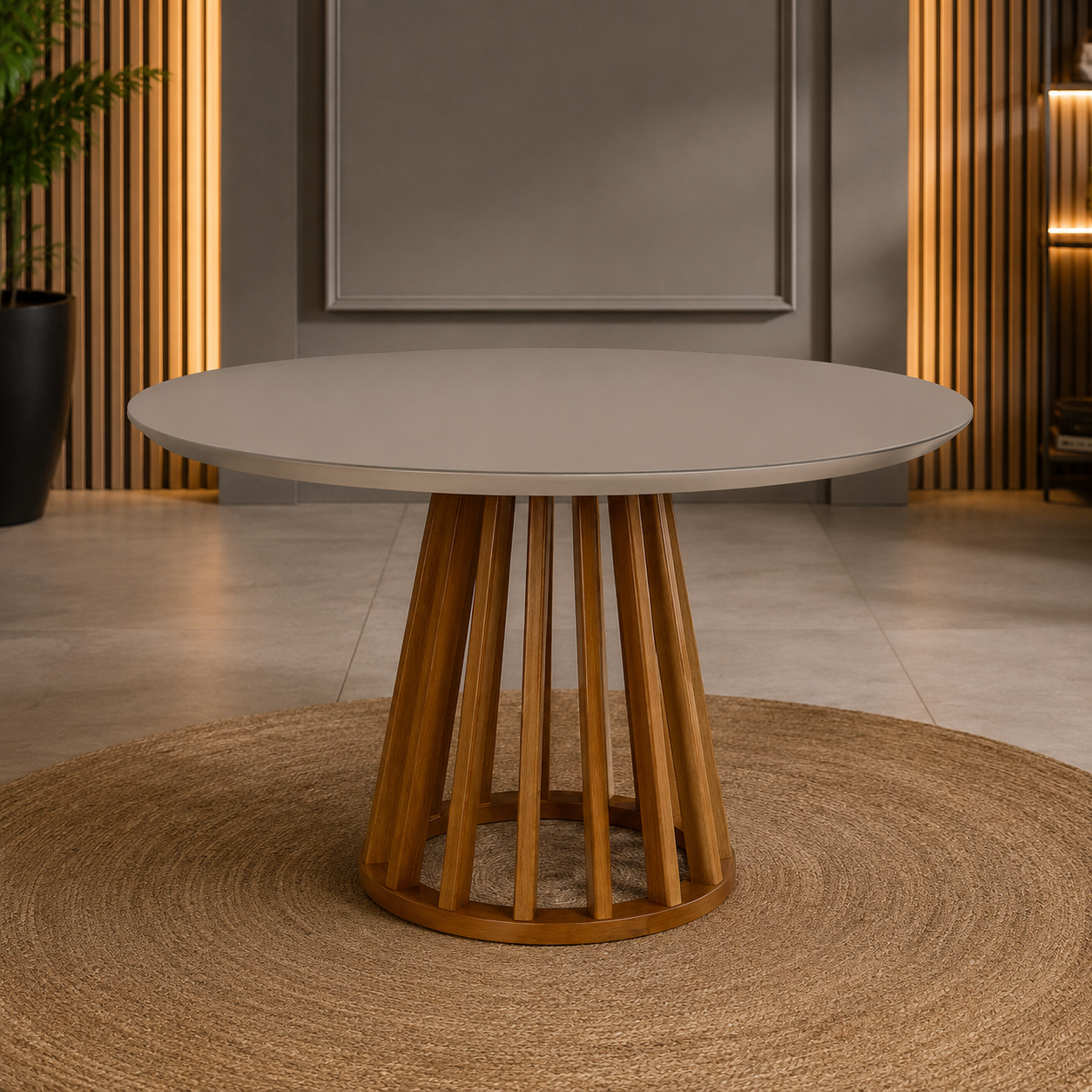 Mesa Cone Ripado Tampo Redondo cor da base imbuia tampo Off White Imbuia